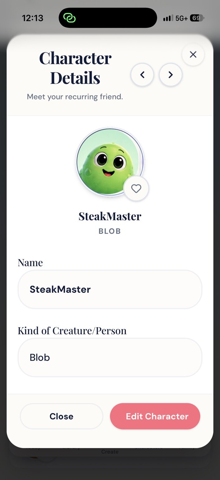 Story Engine mobile character details screen with editable name and character type