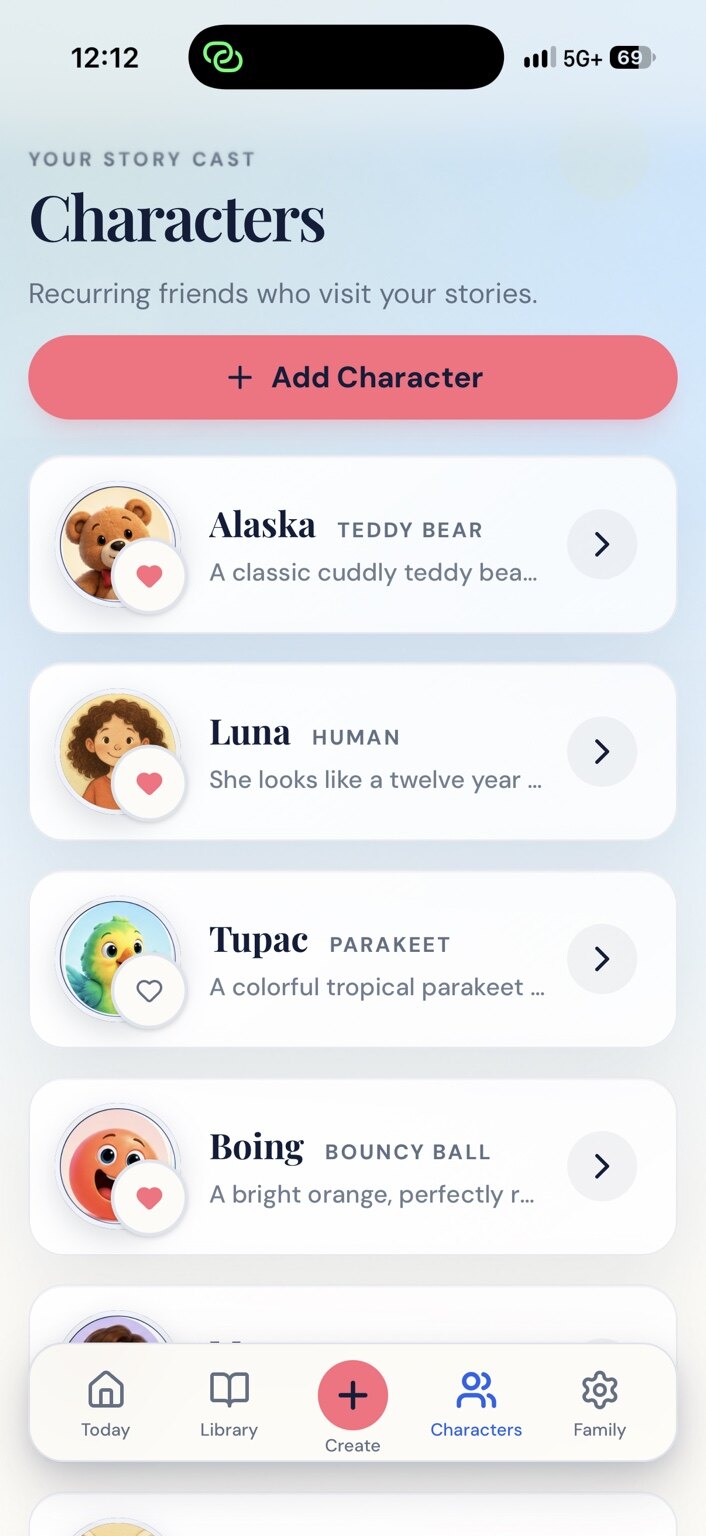 Story Engine mobile Characters screen showing a family’s recurring story characters
