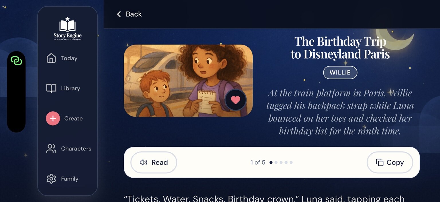 Story Engine desktop reading screen with a family story and read-aloud controls